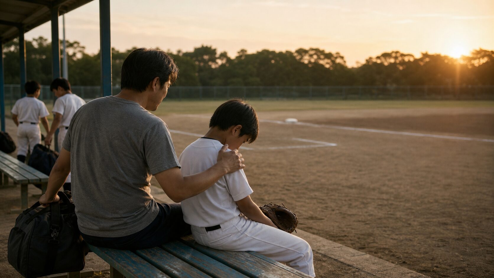 明桜、昨秋王者が初戦敗退に学ぶ！“強いはずのチーム”が負けた時、少年野球パパが見るべき本当のポイントをイメージした親子の野球シーン (生成AIによるイメージ)