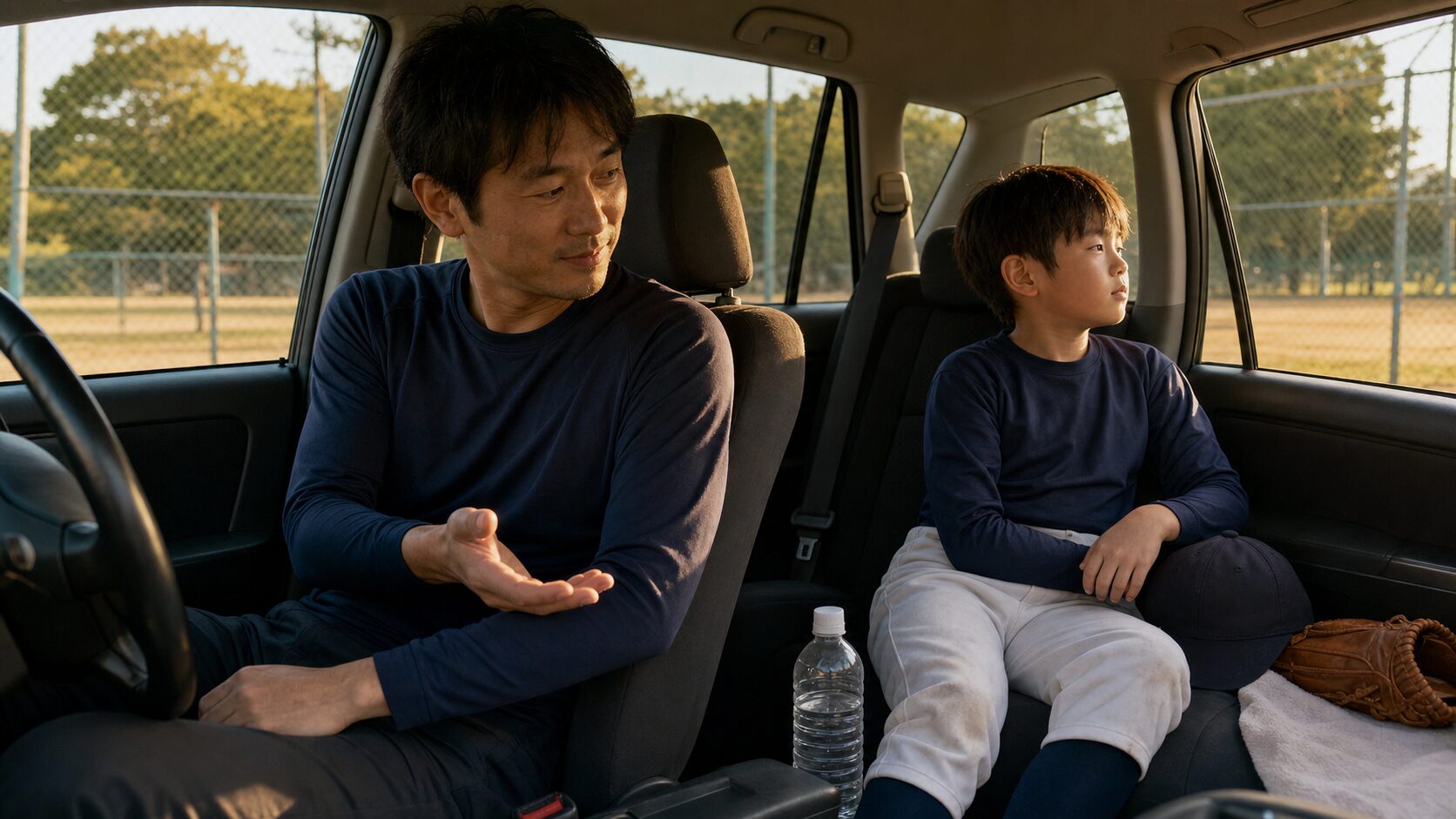 試合直後から翌日まで、パパが守りたい三つの距離感を表現した本文中盤のイメージ (生成AIによるイメージ)