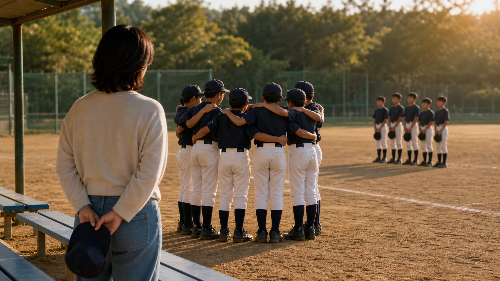 御船の7年ぶり単独出場に学ぶ！少人数チームの親が守るべき「所属感」と合同チーム時代の受け止め方をイメージした親子の野球シーン (生成AIによるイメージ)