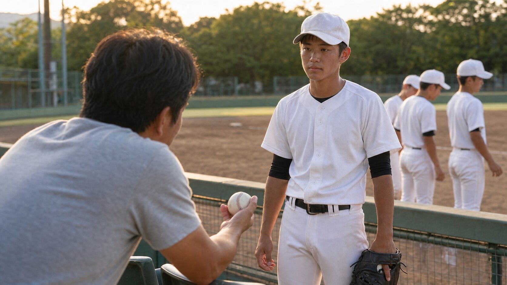 150キロを取り戻しても即答しなかった丹羽涼介投手を表現した本文前半のイメージ (生成AIによるイメージ)