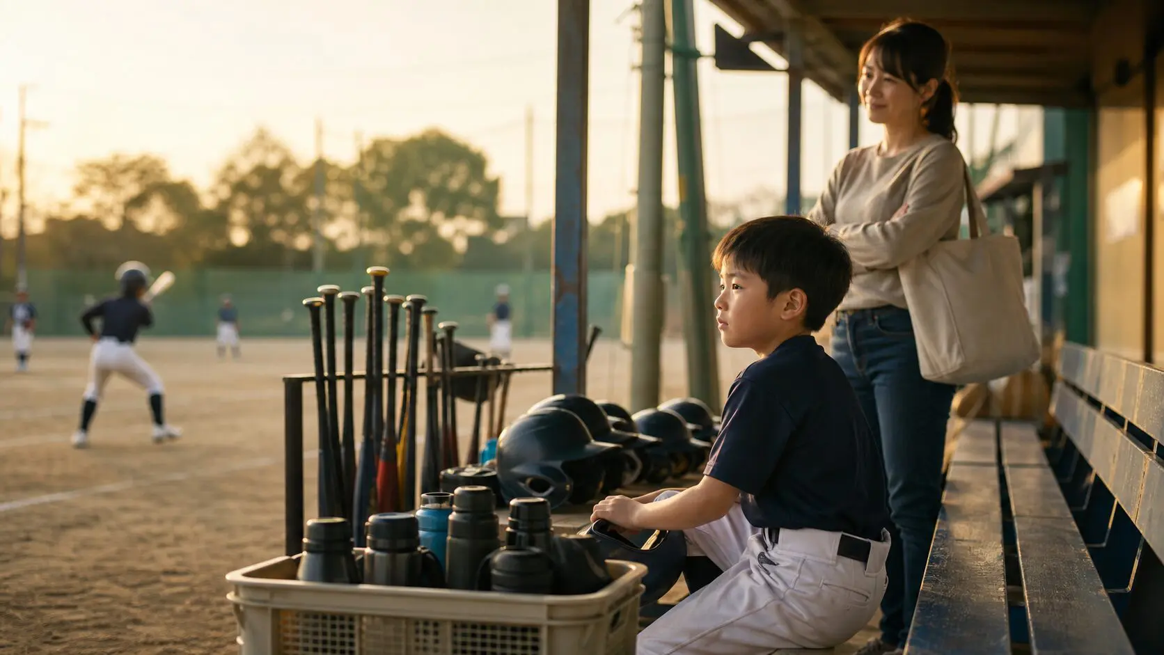 学生コーチとマネジャーは本当に戦力か？少年野球で“試合に出ない役割”を親が評価するための視点をイメージした親子の野球シーン (生成AIによるイメージ)