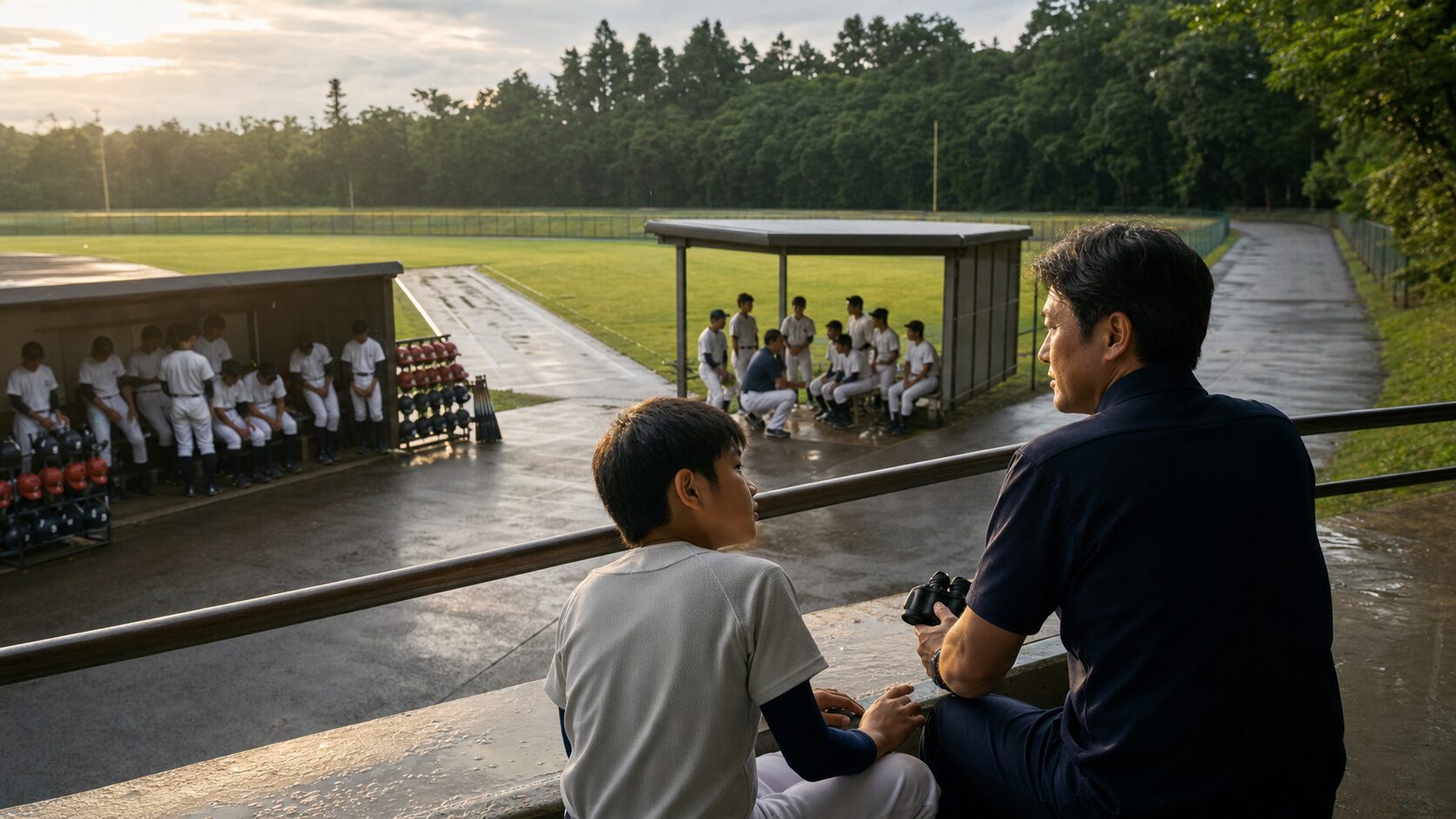 センバツ4強全滅に学ぶ！「強豪」の看板に振り回されず、我が子の進路を選ぶパパの観戦眼をイメージした親子の野球シーン (生成AIによるイメージ)