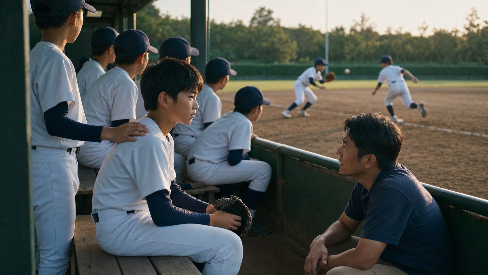 仙台育英「日本一のチーム内競争」に学ぶ！競争と萎縮の境目をパパが見抜く5つの物差しをイメージした親子の野球シーン (生成AIによるイメージ)