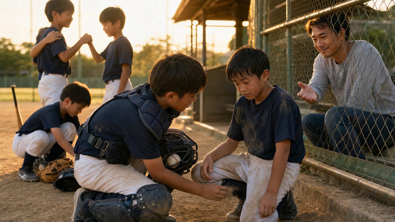 松尾汐恩の「勝てるキャッチャー」に学ぶ！少年野球パパが配球より先に褒めたい5つの貢献をイメージした親子の野球シーン (生成AIによるイメージ)