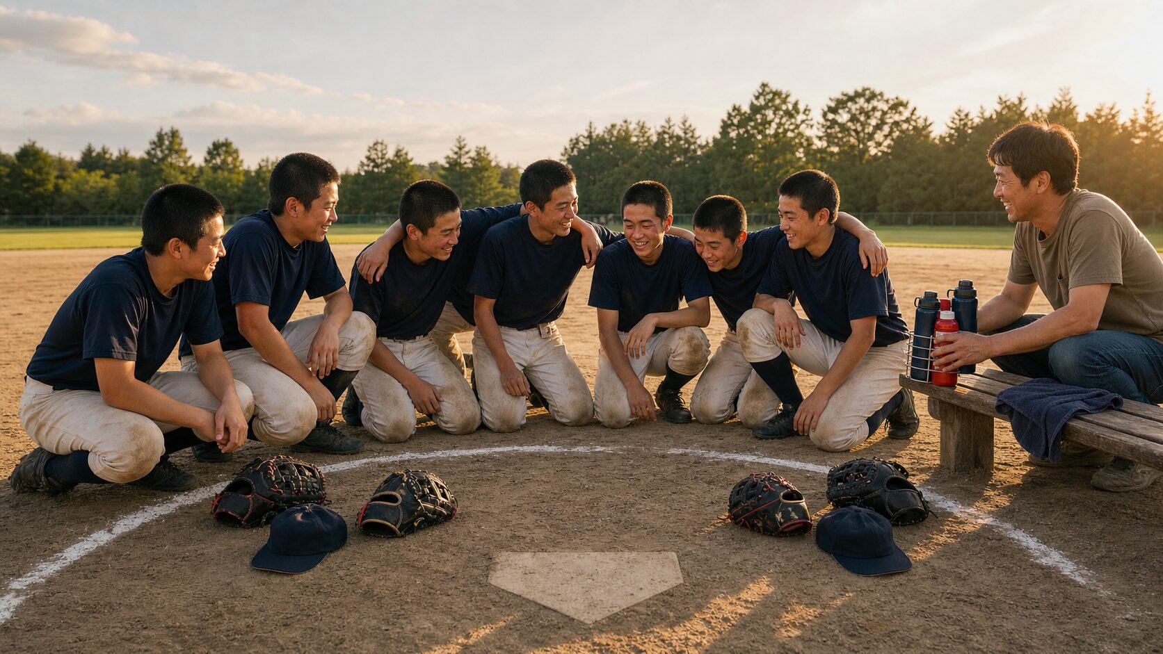 深沢「11年ぶり夏1勝」に学ぶ！部員7人のチームを救う募集設計と、未経験パパの支え方をイメージした親子の野球シーン (生成AIによるイメージ)