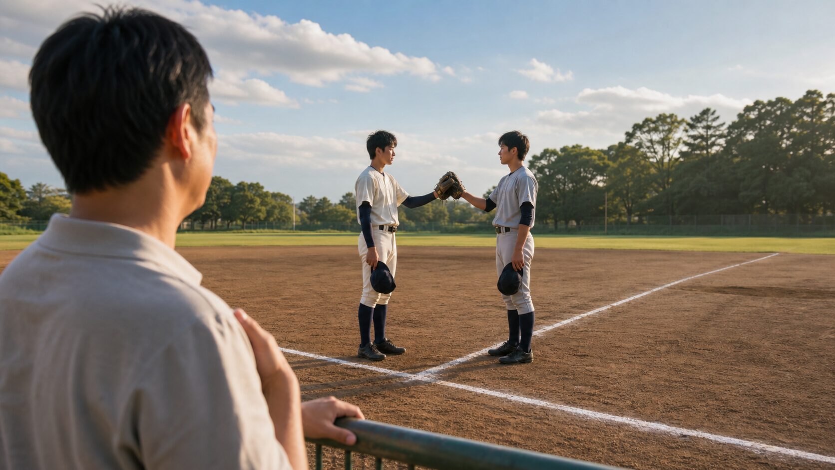 北陸学院・塩士主将の「悔いない」に学ぶ！元チームメートと戦う我が子を比較から守る親の声かけをイメージした親子の野球シーン (生成AIによるイメージ)