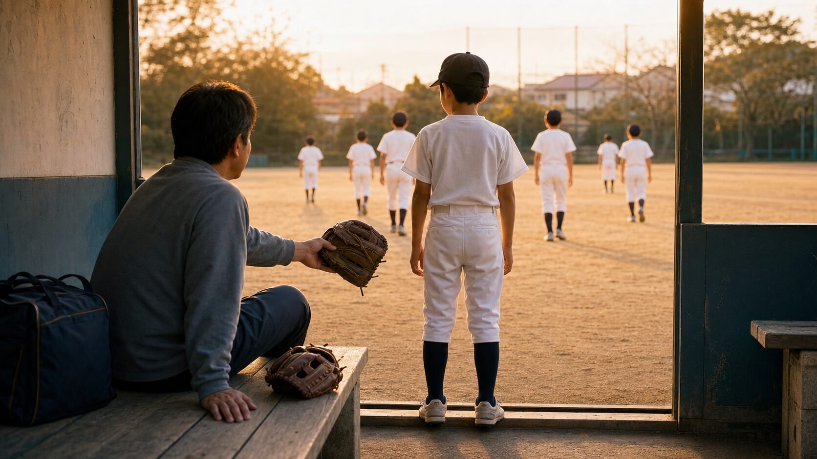 君津・縄野二翌の「高2秋から野球」に学ぶ！遅く始める子の不安を居場所に変えるパパの支え方をイメージした親子の野球シーン (生成AIによるイメージ)
