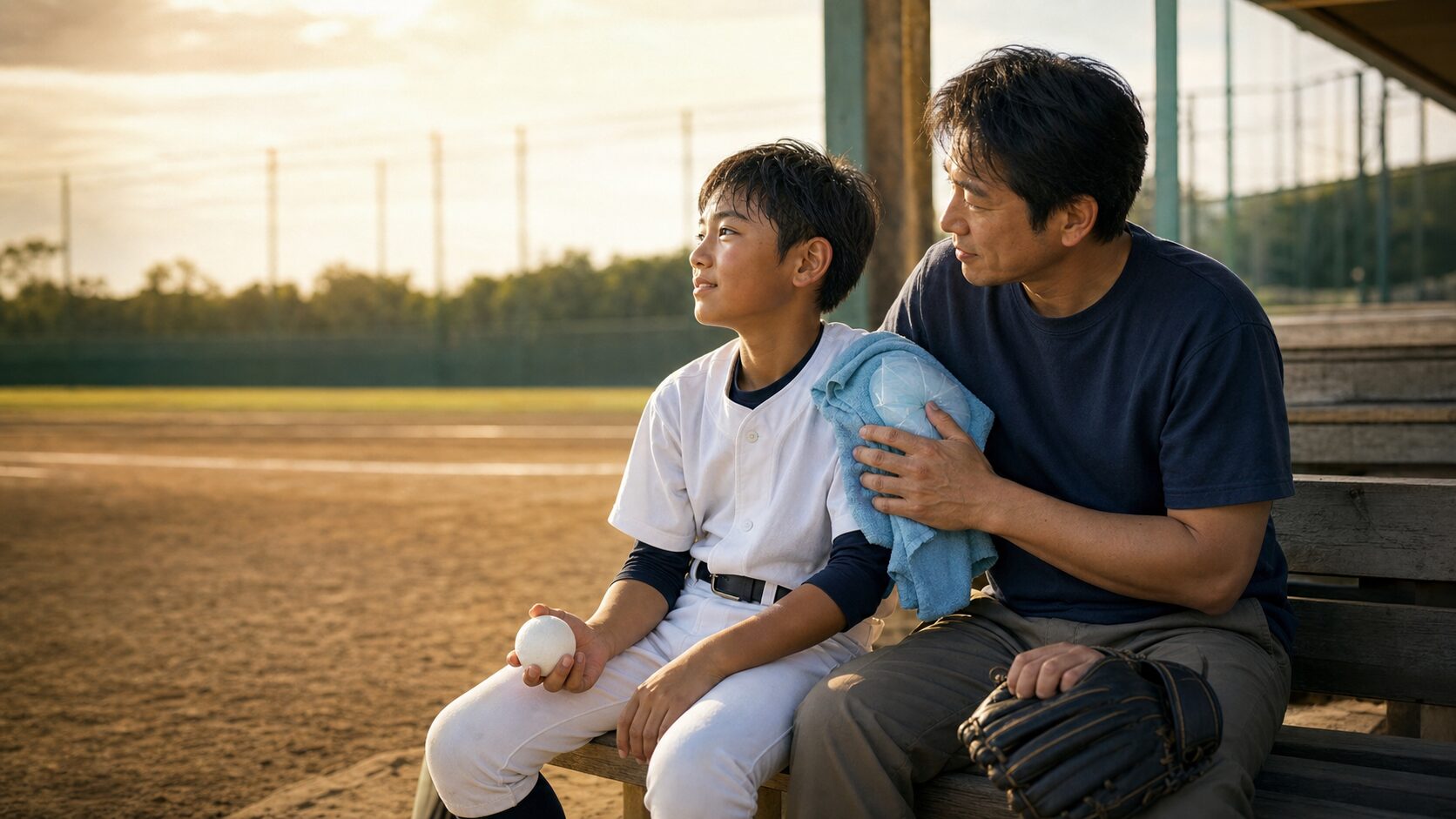 巨人ドラ2田和廉の登録抹消に考える！好調な我が子を休ませる判断をパパは支持できるかをイメージした親子の野球シーン (生成AIによるイメージ)