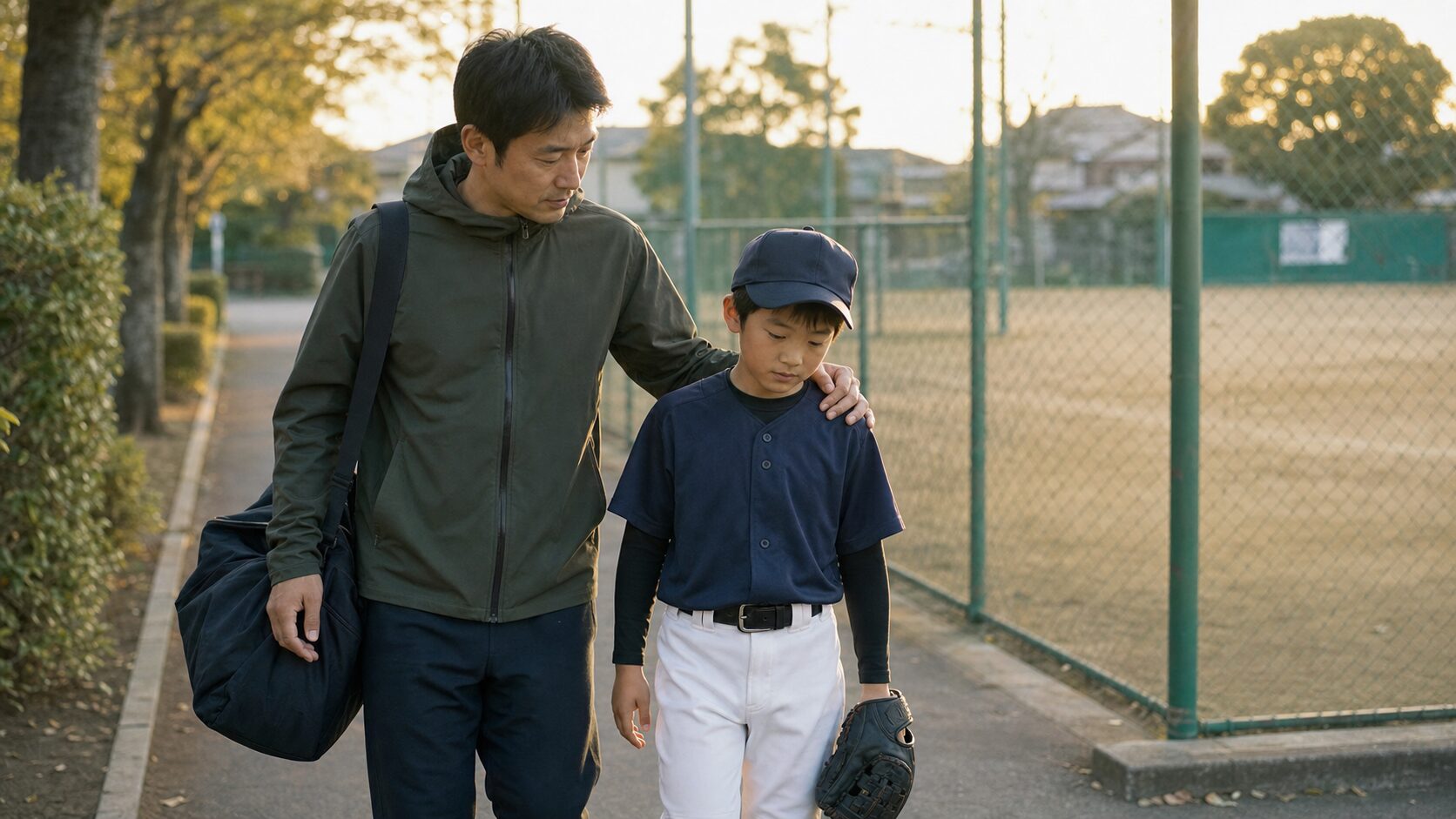 敗戦直後・帰宅途中・翌日——パパの声かけを三段階で考えるを表現した本文中盤のイメージ (生成AIによるイメージ)