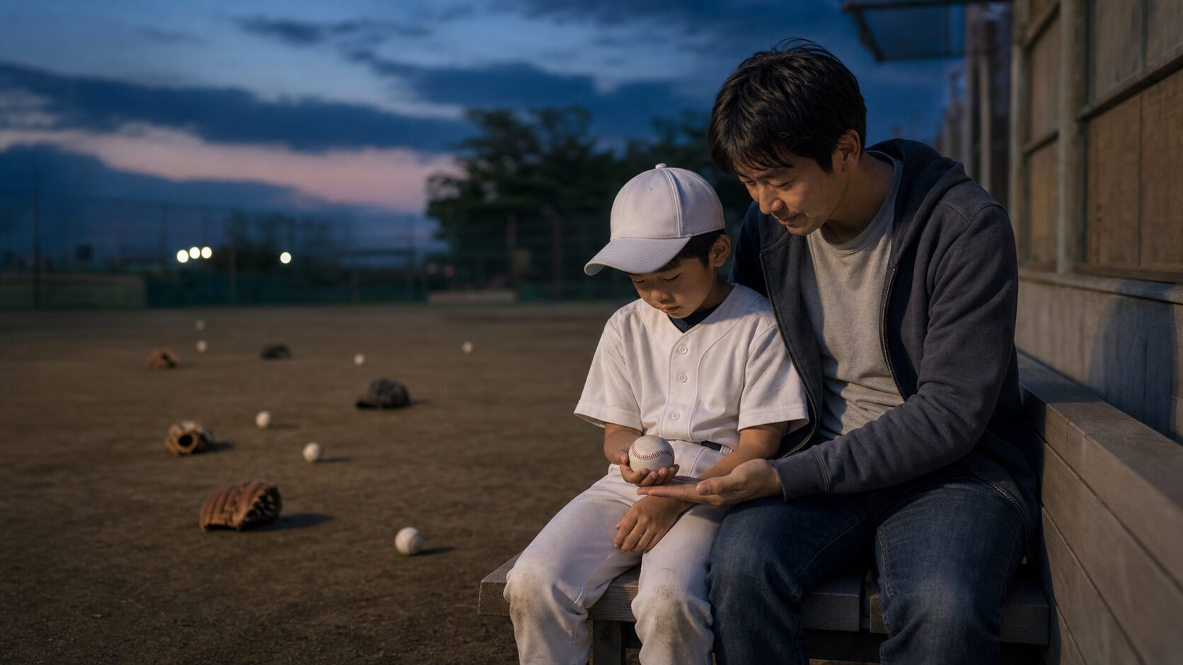 豊川・皆川瑛翔の「押し出し」に学ぶ！決定的なミスの夜、我が子を敗戦の重荷から守るパパの声かけをイメージした親子の野球シーン (生成AIによるイメージ)