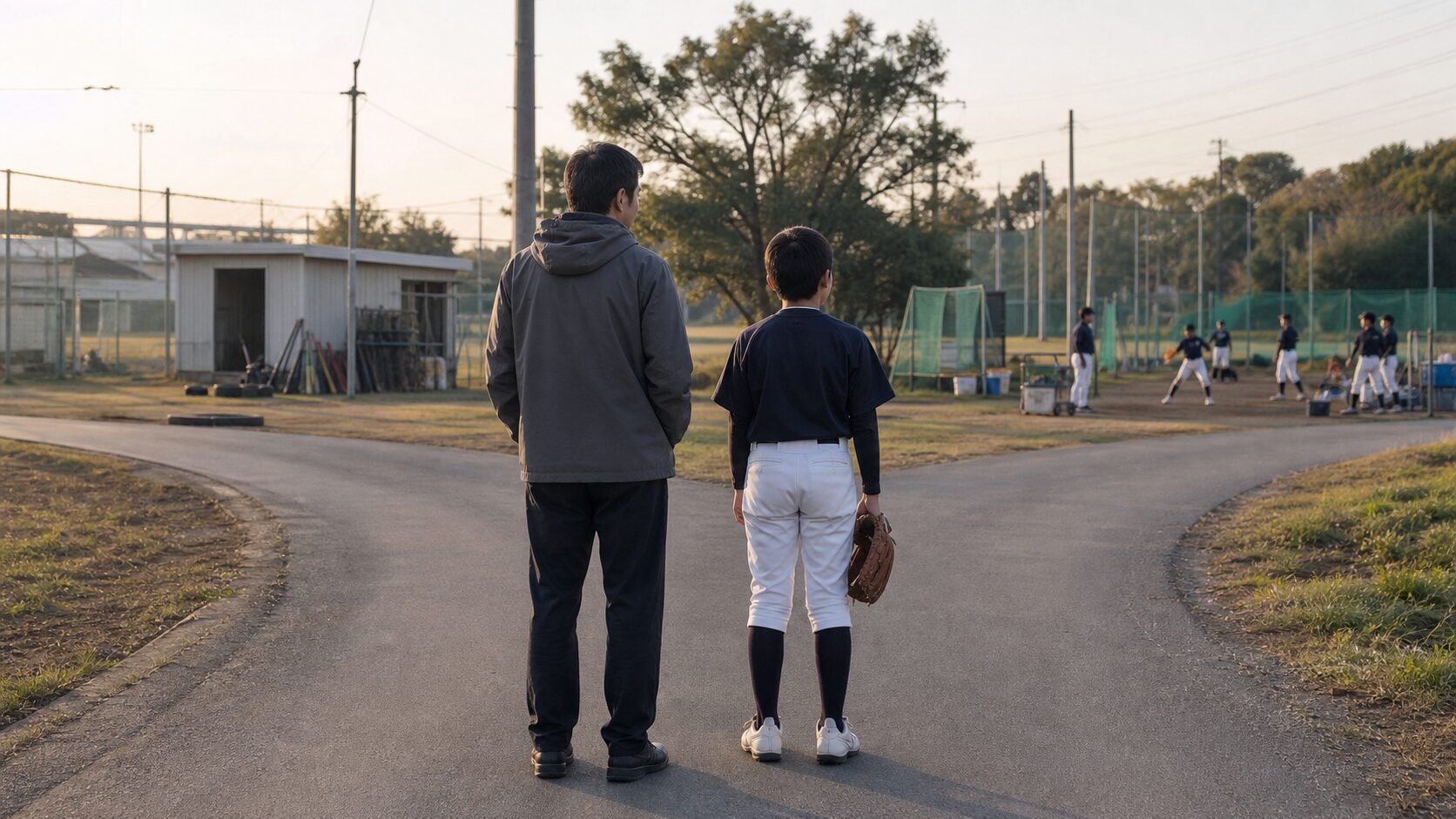 中学野球の部活とクラブチームの二つの進路を考える親子 (生成AIによるイメージ)