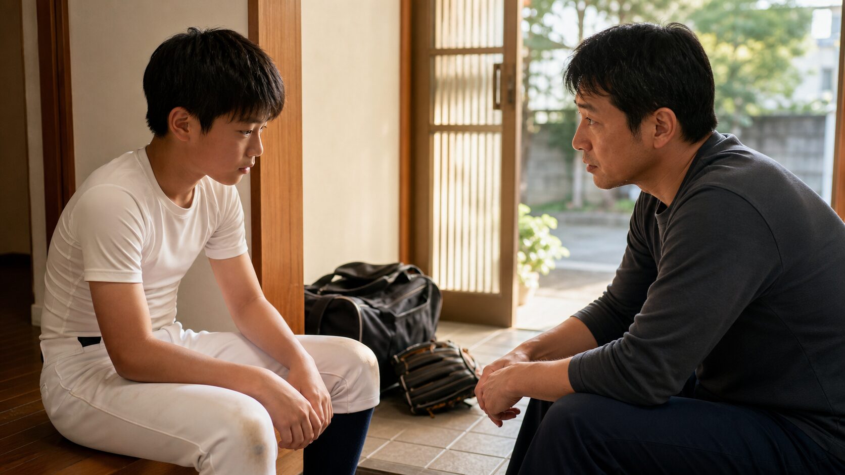 野球をやめたい子どもの話を同じ目線で聞く父親 (生成AIによるイメージ)