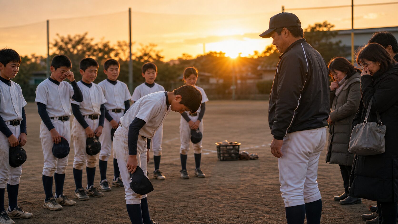 少年野球の最終練習で指導者と保護者に感謝の礼をする卒団生 (生成AIによるイメージ)