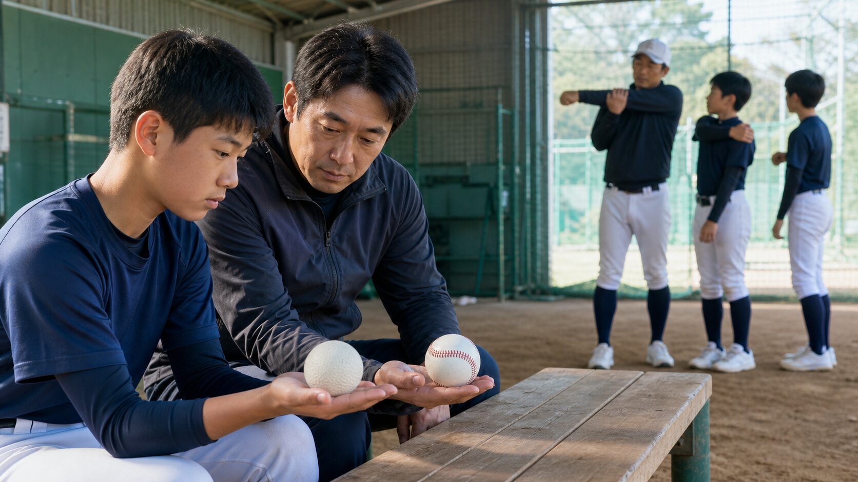中学野球で軟式球と硬式球の違いを確かめる親子 (生成AIによるイメージ)