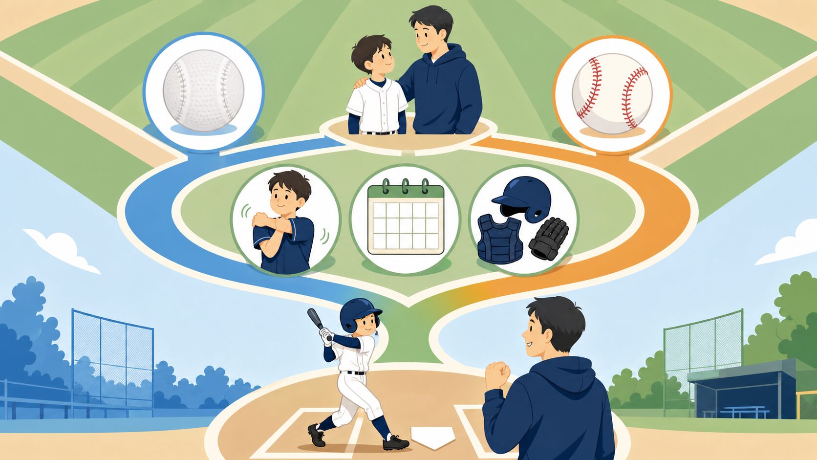 中学野球の進路選択やケガ予防のルールをまとめたイラスト(生成AIによるイメージ)