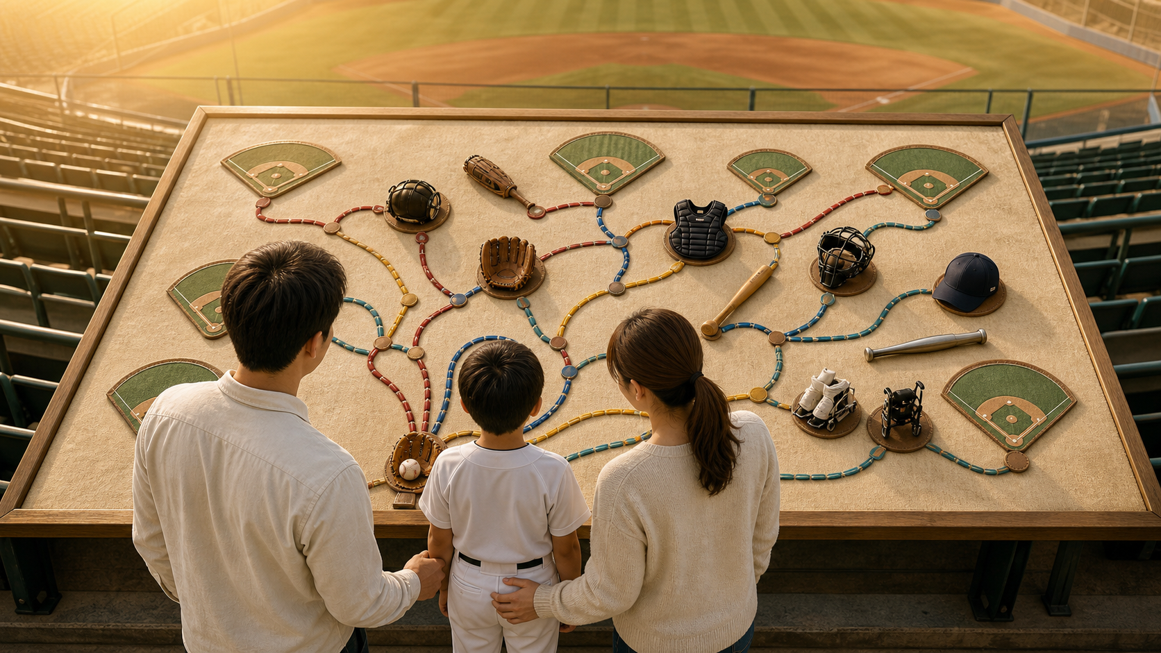 野球団体と全国大会の地図｜少年野球からプロまで、うちの子はどこにつながる？をイメージした親子の野球シーン (生成AIによるイメージ)