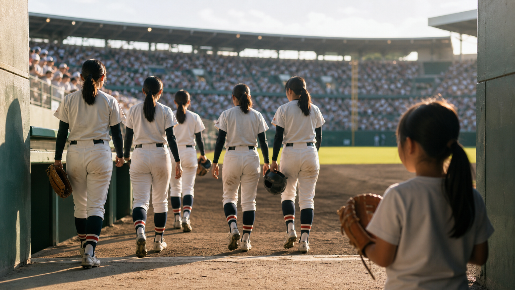 女子高校野球の選手たちが大球場のグラウンドへ向かい、少女が見守る様子 (生成AIによるイメージ)
