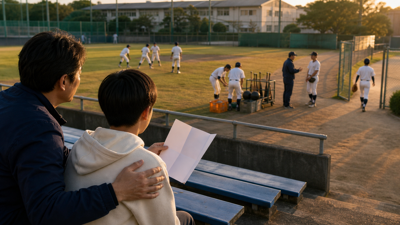 健大高崎「毎年20人以上が野球継続」に学ぶ！ベンチ外まで支える高校をパパが見抜く進路質問術をイメージした親子の野球シーン (生成AIによるイメージ)