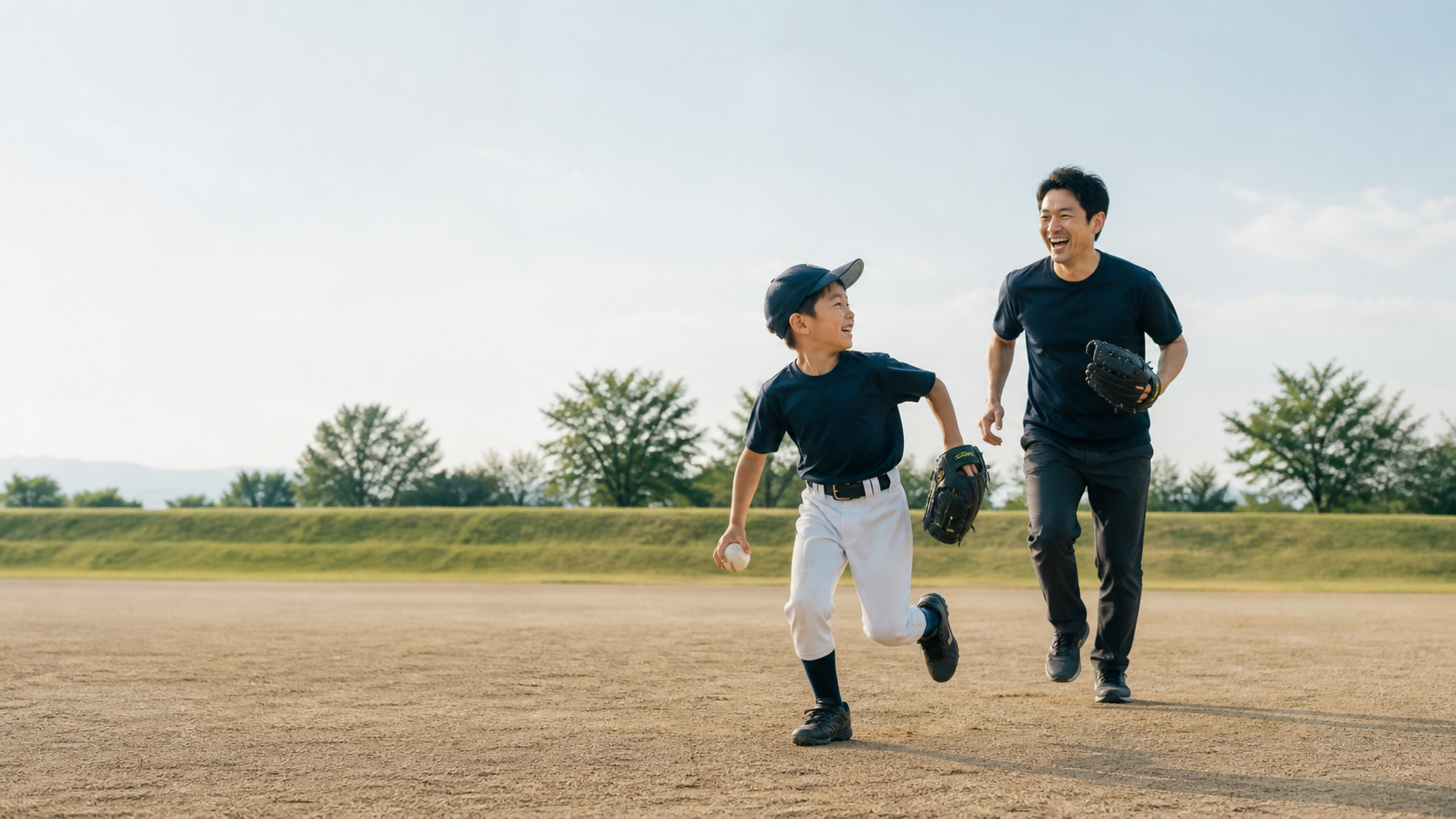 野球場を走りながら笑い合う少年と父親