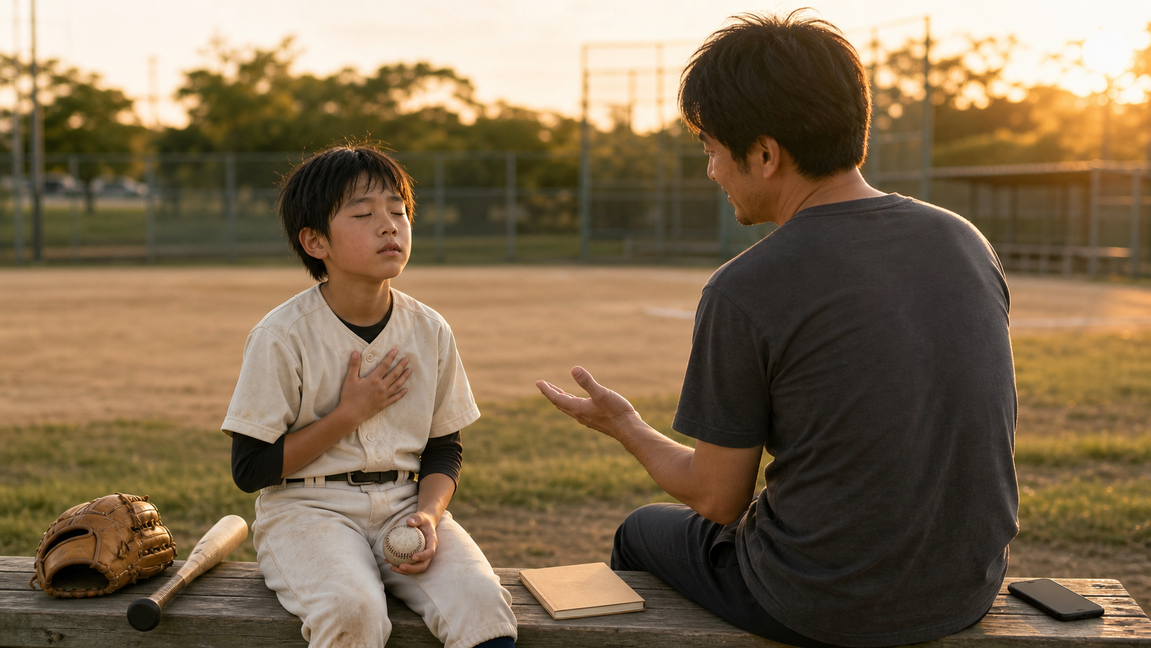 三重「分析より感性」で12年ぶり8強に学ぶ！動画と数字で我が子の直感を奪わないパパの質問術をイメージした親子の野球シーン (生成AIによるイメージ)