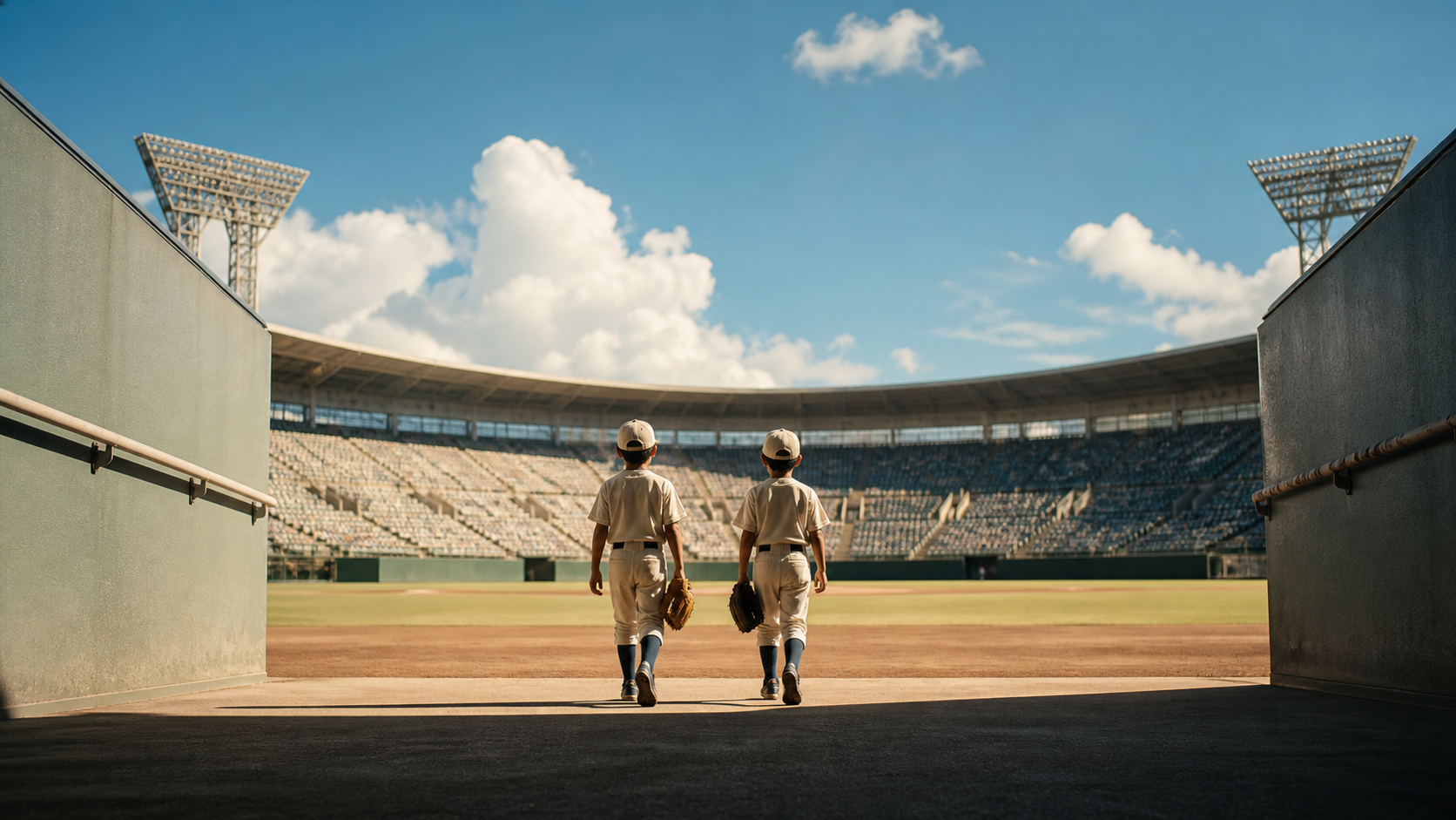 学童野球の全国大会が行われる大きな球場へ歩み出す二人の選手の後ろ姿 (生成AIによるイメージ)