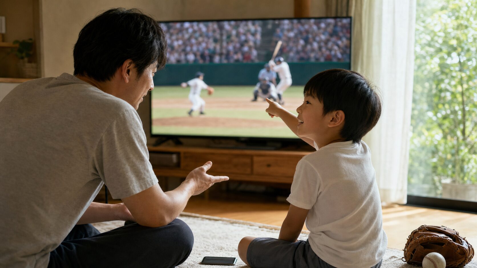 夏の甲子園「全48試合無料配信」を親子の発見に変える！答えを教えすぎない観戦術をイメージした親子の野球シーン (生成AIによるイメージ)