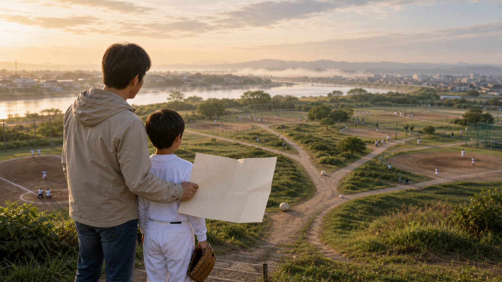 自分のチームしか見えなかった私が、日本の野球界の地図を作った理由をイメージした親子の野球シーン (生成AIによるイメージ)