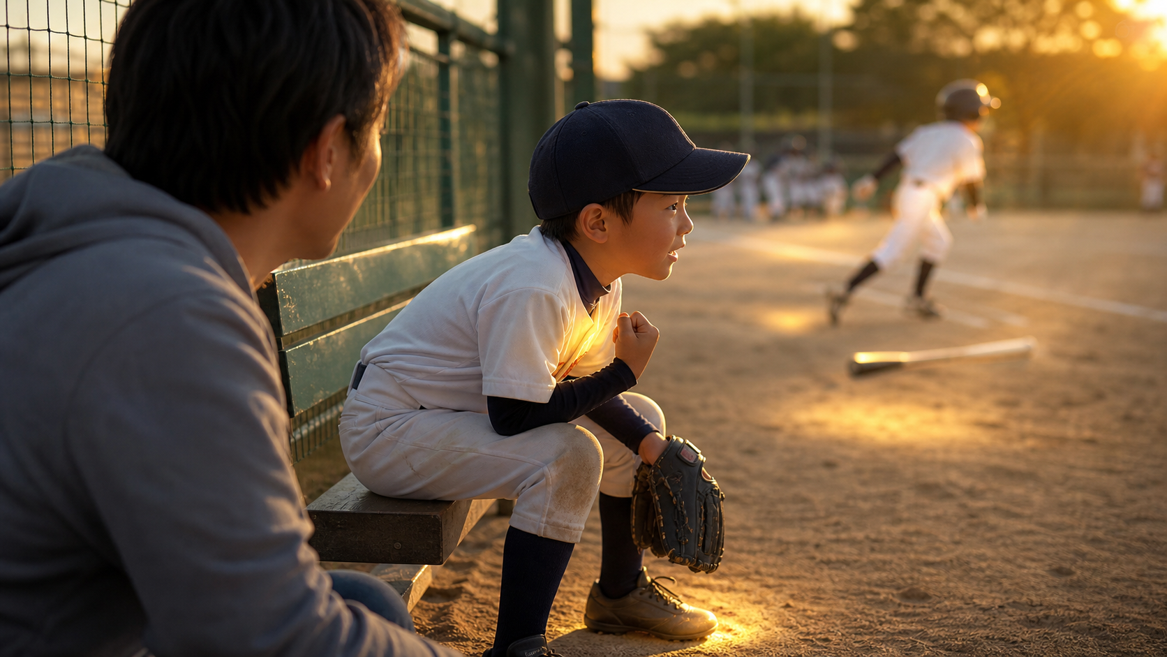 鈴木大和の「普通の少年野球の子」に学ぶ！パパが我が子の“伸びる瞬間”を見逃さない5つの視点をイメージした親子の野球シーン (生成AIによるイメージ)