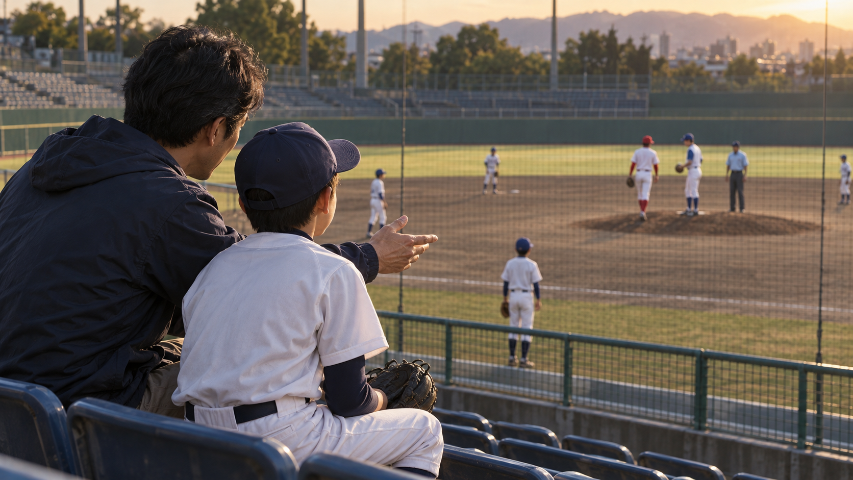 U18日本、韓国に2―3で逆転負け｜相手の継投から考える、我が子の凡退の見方をイメージした親子の野球シーン (生成AIによるイメージ)