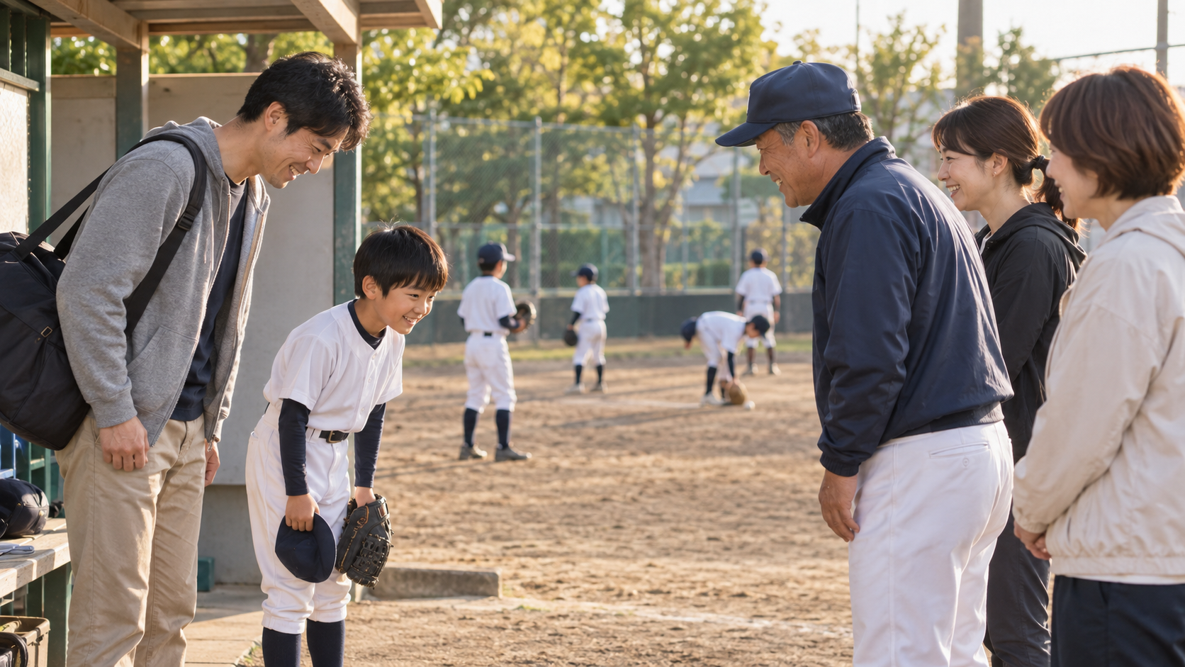 少年野球の挨拶は「誰に、何を、いつ」伝えるかで決まるを表現した本文前半のイメージ (生成AIによるイメージ)