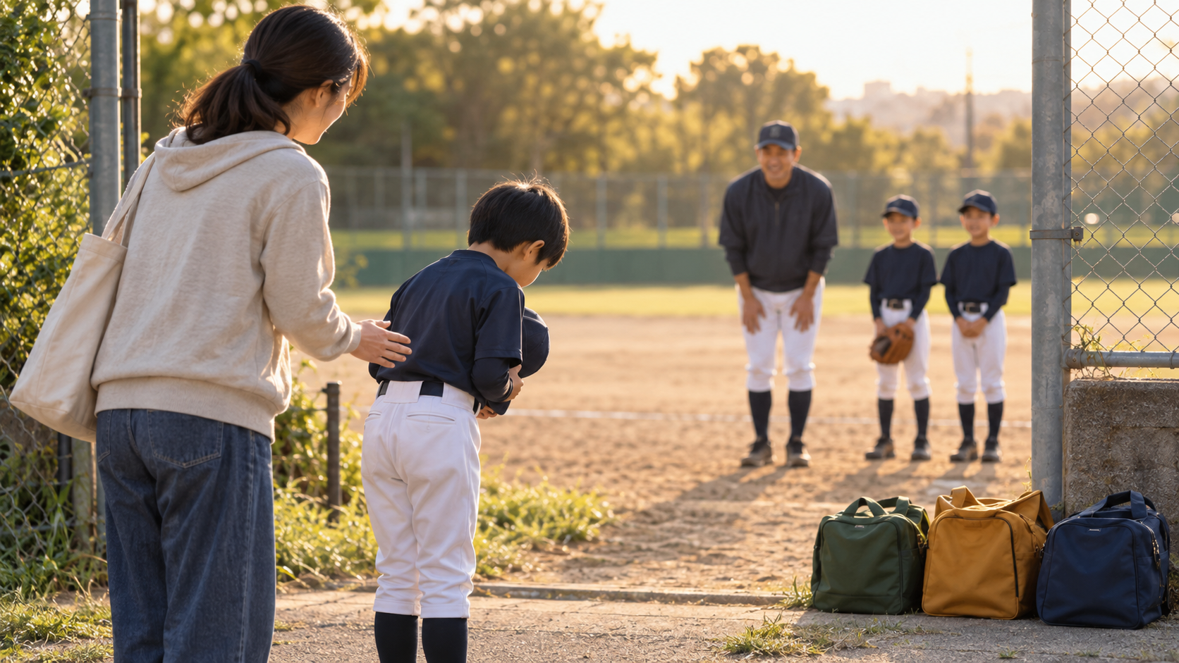 少年野球の挨拶例文｜入団・退団・移籍で親子が使える短い言葉と伝え方をイメージした親子の野球シーン (生成AIによるイメージ)