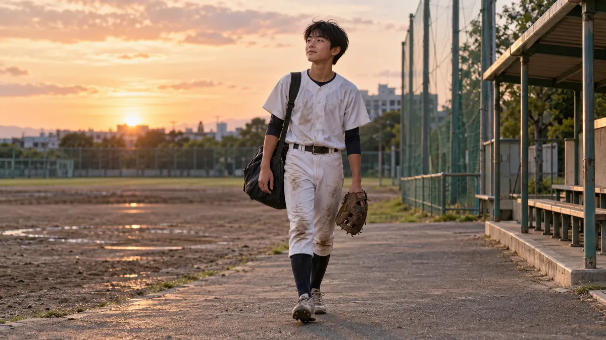 中学生がグラブを手に、練習後のグラウンドを歩くのイメージ（生成AIによる画像）