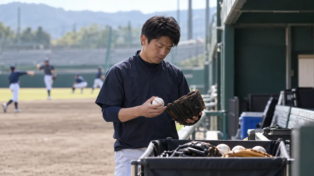 試合前に用具を整えるスタッフと遠くの選手のイメージ（生成AIによる画像）