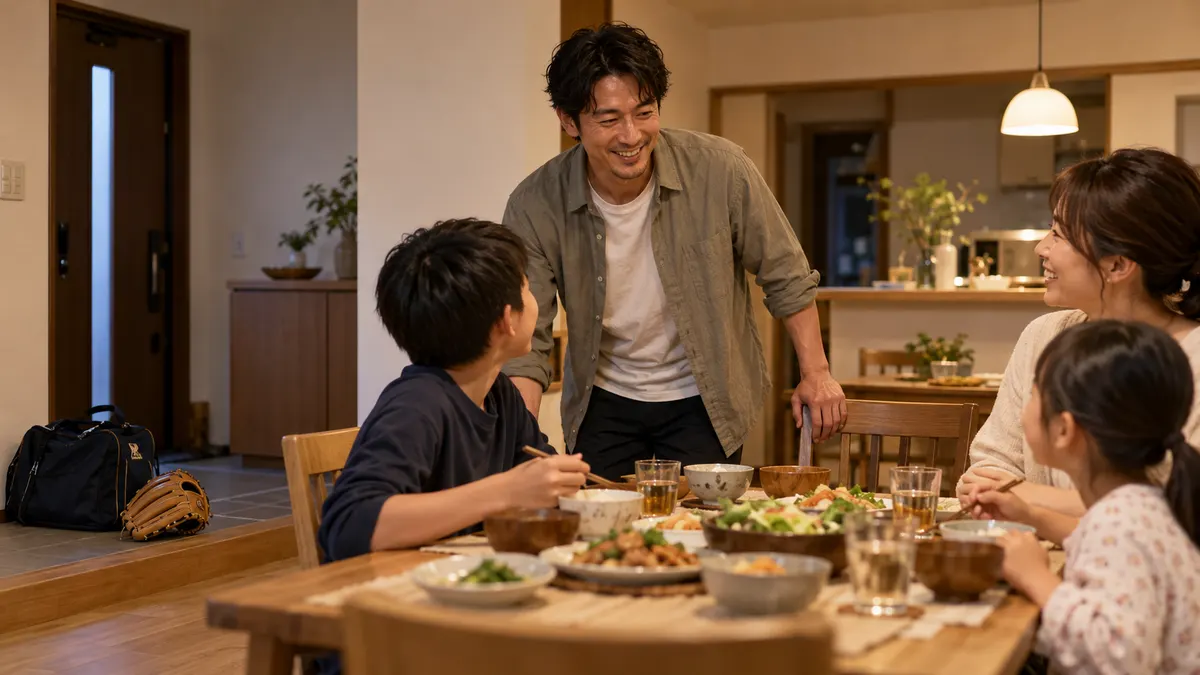 練習帰りの父親が家族の食卓に加わるのイメージ（生成AIによる画像）