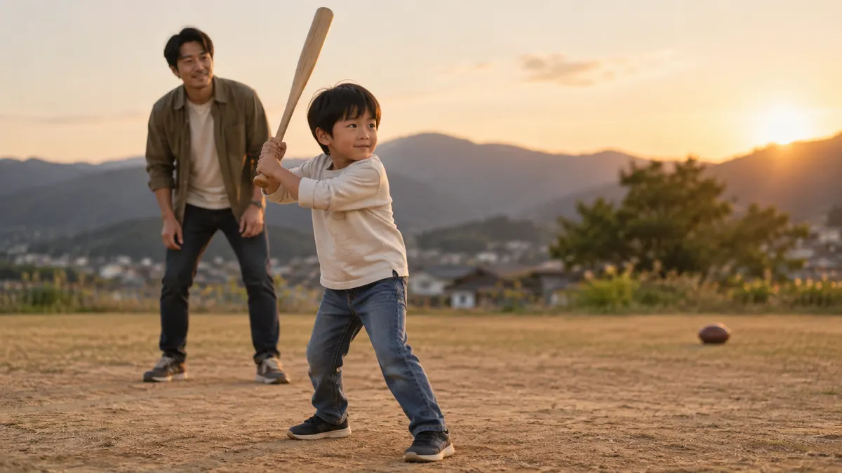 小さなバットを構える少年を後ろで見守る父親のイメージ（生成AIによる画像）
