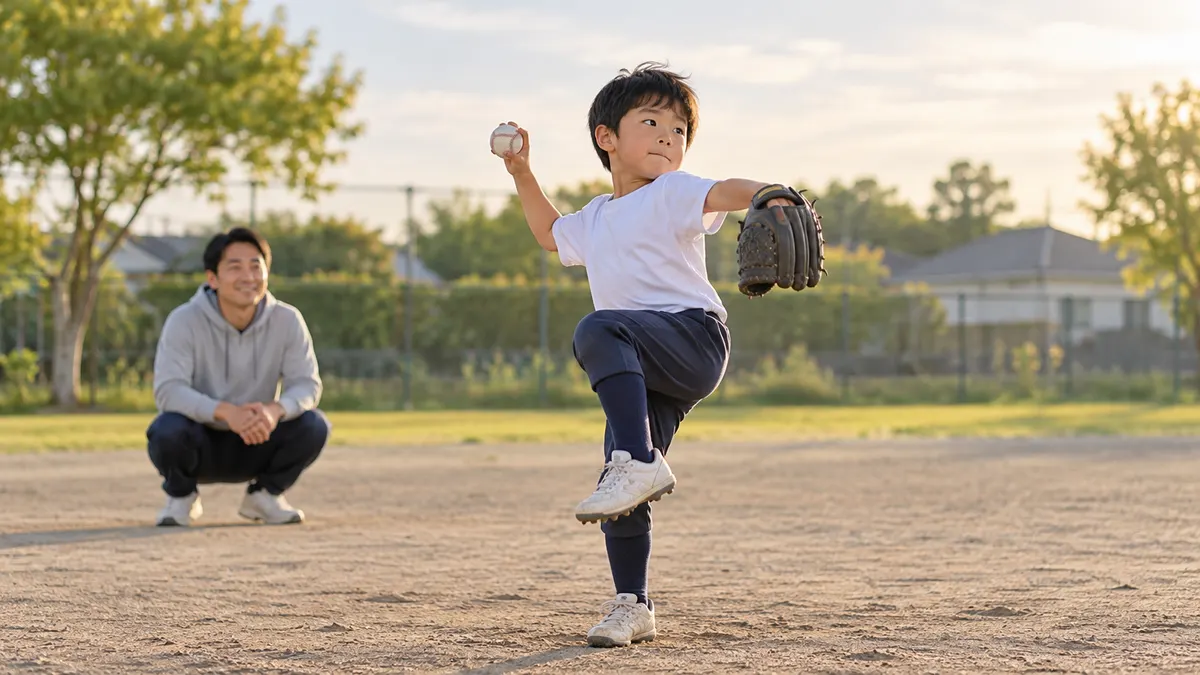少年が自分のペースで投球練習をし親が見守る場面のイメージ（生成AIによる画像）