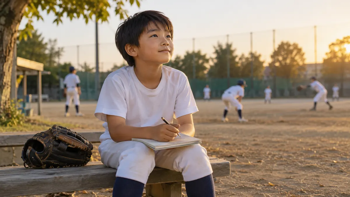 放課後のグラウンドでノートを持ち考える少年のイメージ（生成AIによる画像）