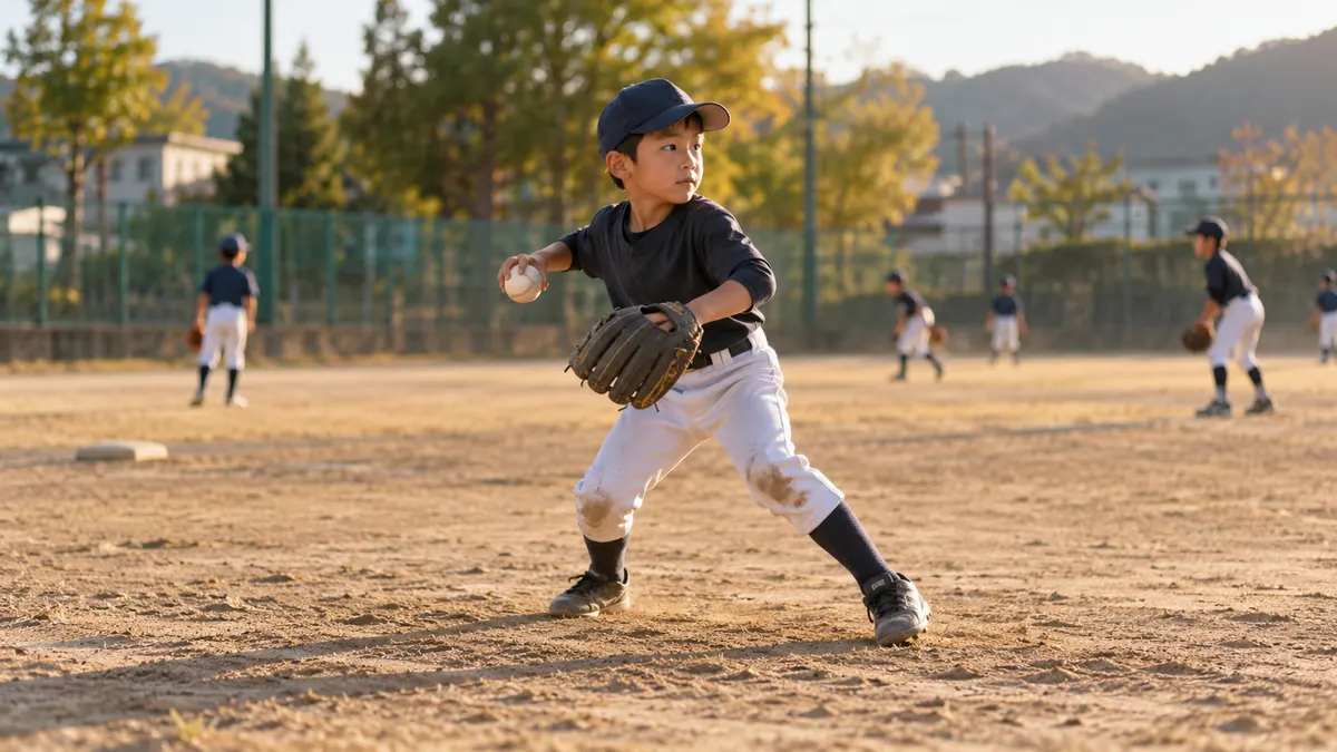 少年が練習の合間に捕球から送球への足運びを確かめるイメージ（生成AIによる画像）