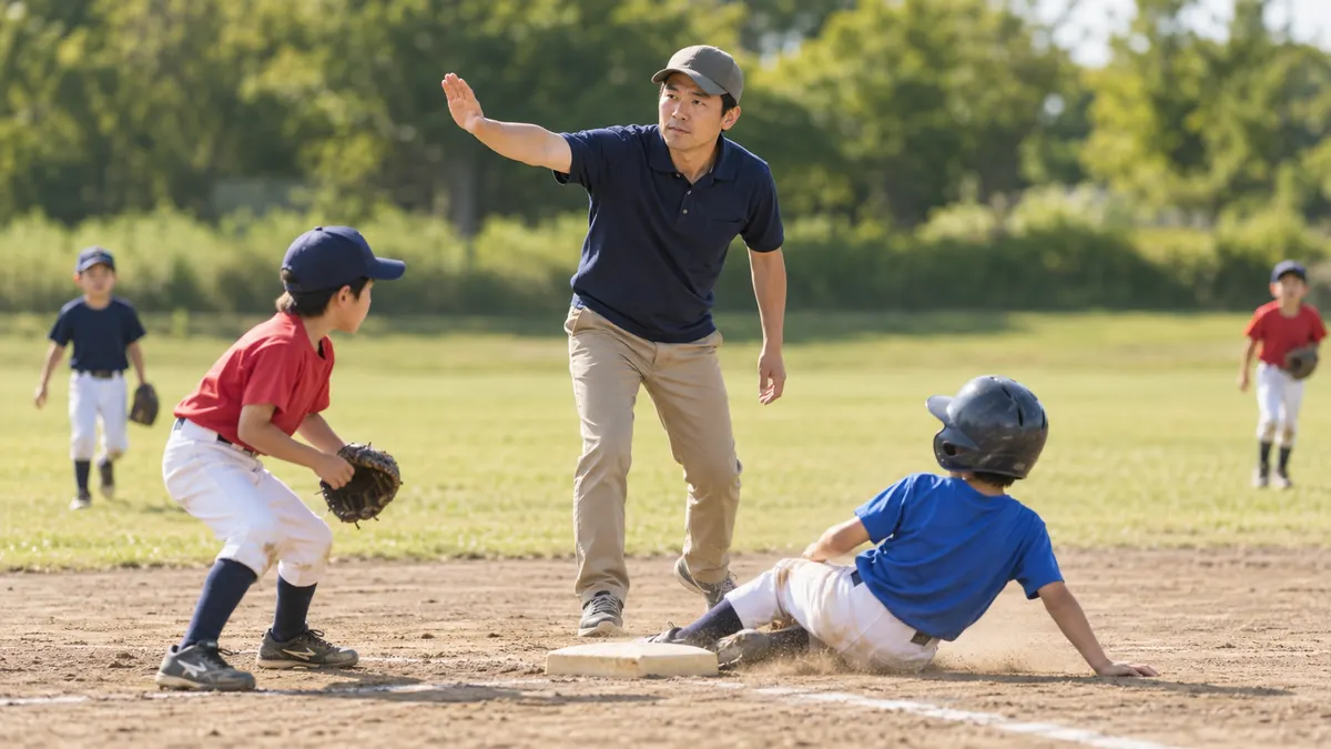 ��ァーストベース横で腕を上げかけた普段着の父親が戸惑いながらジャッジする、少年野球グラウンドの昼下がりのイメージ（生成AIによる画像）