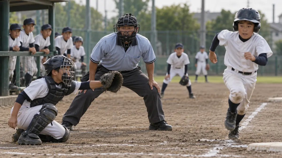 球審の父親が一塁へのプレーを見極める少年野球の試合のイメージ（生成AIによる画像）