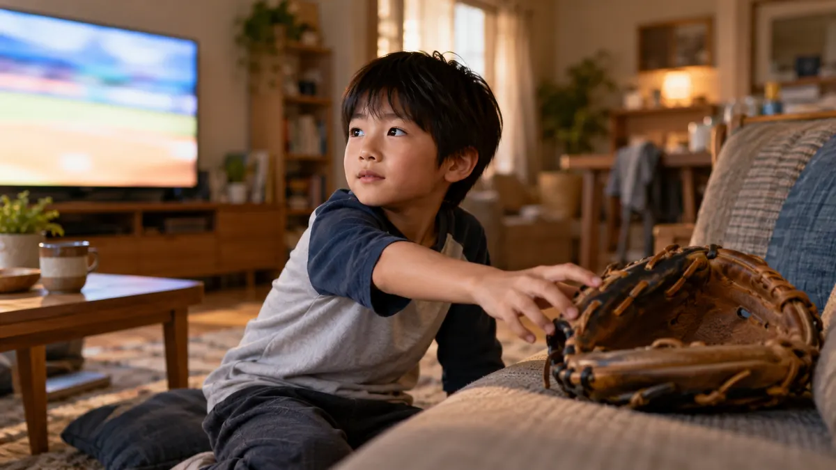 ��ニメを見た少年がグローブに手を伸ばすのイメージ（生成AIによる画像）