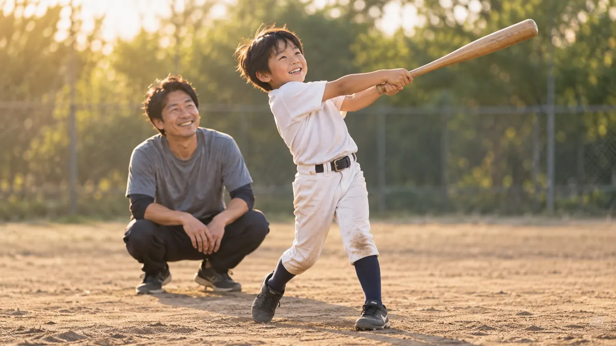 夕方のグラウンドで振り抜く少年と見守る父のイメージ（生成AIによる画像）