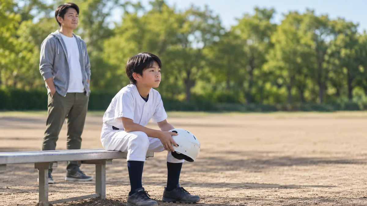 ��ンチの端で試合を見つめる少年と見守る父親のイメージ（生成AIによる画像）