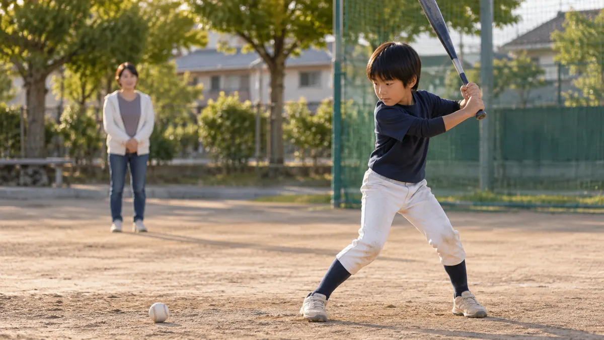 打ち損じたあと再び構え直す少年を親が見守るのイメージ（生成AIによる画像）