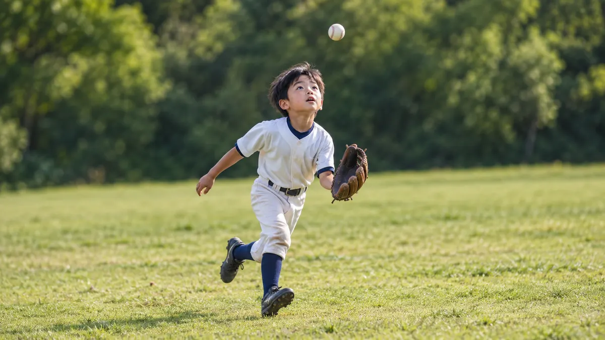 広い外野で頭上の打球を追い走り出す少年のイメージ（生成AIによる画像）