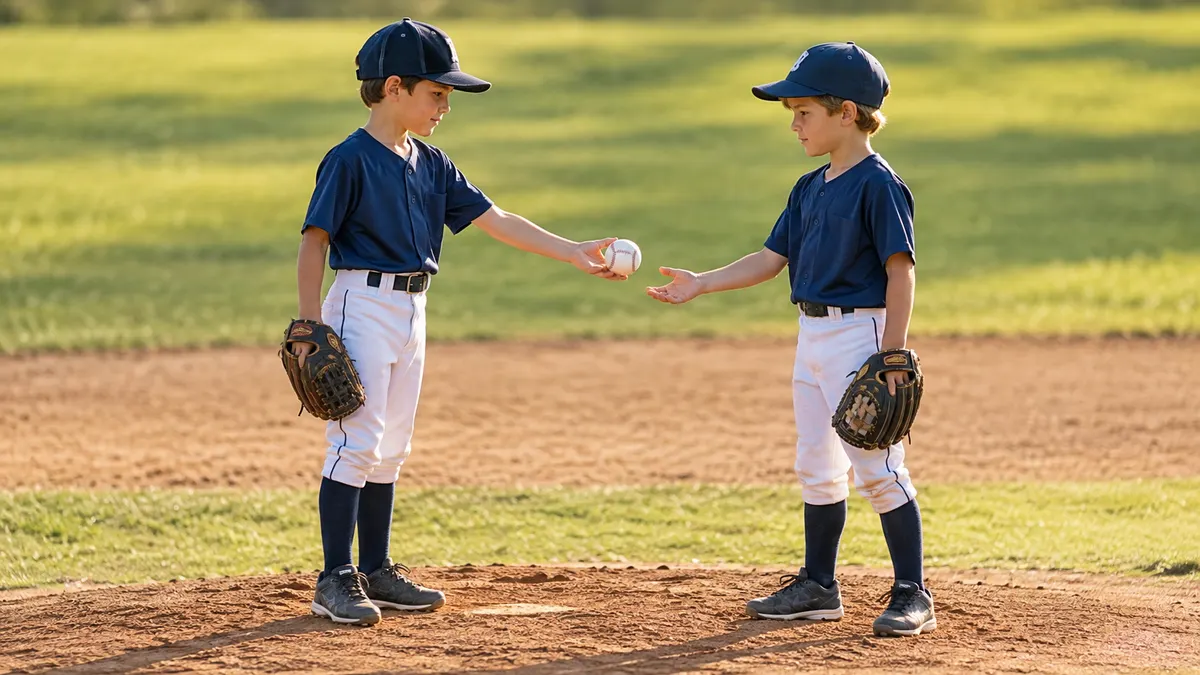 ��ウンド際でボールを手渡し次の投手につなぐ少年2人のイメージ（生成AIによる画像）