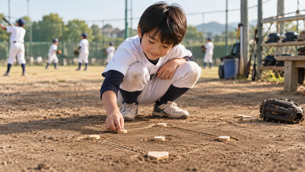 土に描いたダイヤモンドに駒を置く少年のイメージ（生成AIによる画像）