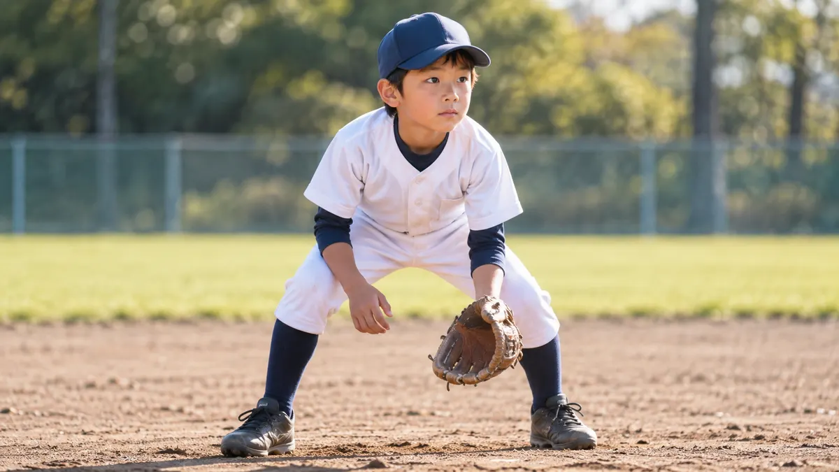 次を考えて構える二塁手の少年のイメージ（生成AIによる画像）