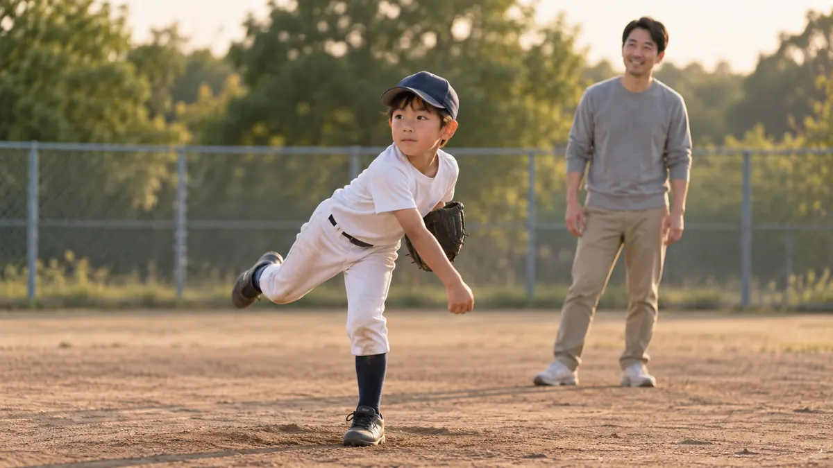 午後の土のグラウンドで投げ終わる左腕の少年と見守る父のイメージ（生成AIによる画像）