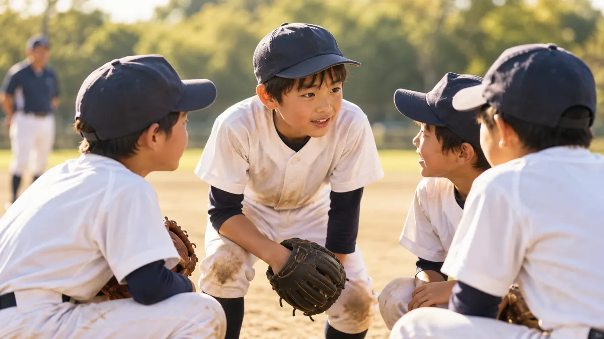 仲間の輪の中心で優しく声をかける少年野球の子のイメージ（生成AIによる画像）